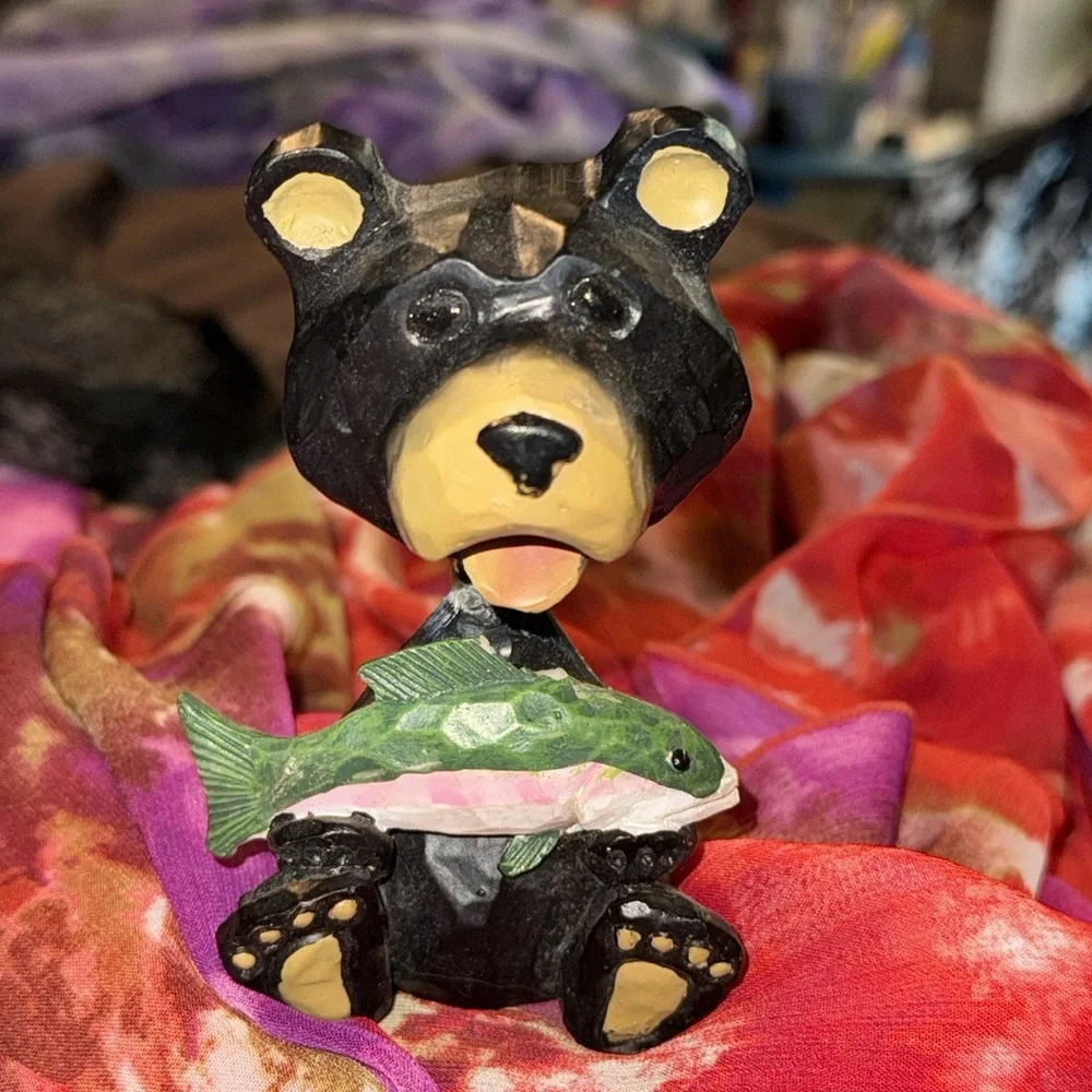 Black Bear with Fish Figurine - Black and Green BOBBLE HEAD NEW